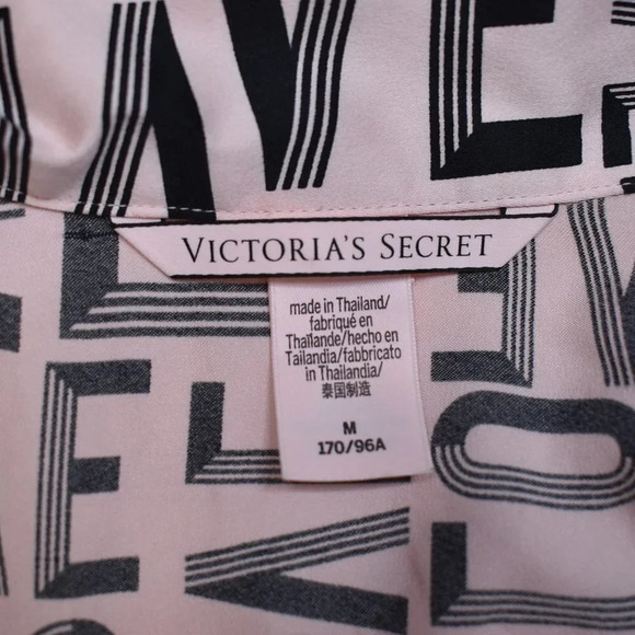Victorias Secret Love Pajama Shirt Sz M Pink Satin Button Down Sleep Lounge PJs - Picture 10 of 15